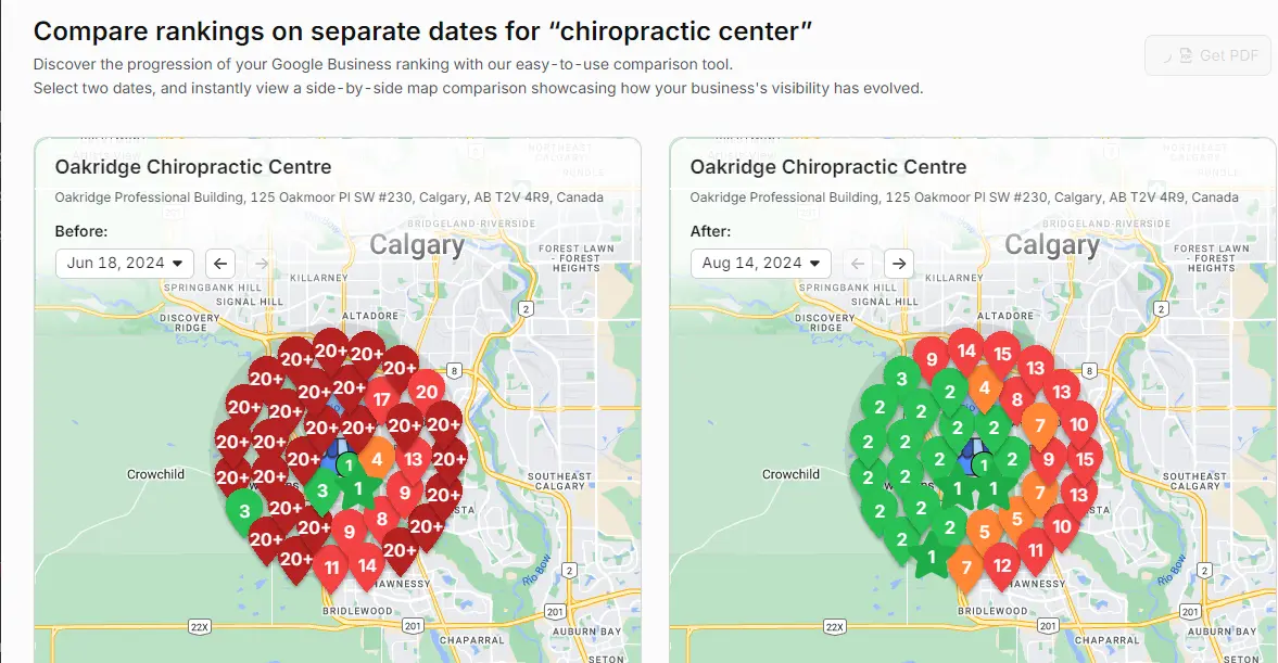Comparison map showing Google Business rankings for "chiropractic center" near Calgary on June 18, 2024 and August 14, 2024, with changes in rank highlighted using red and green markers. For optimum local SEO results, consider utilizing a Local Citation Builder.