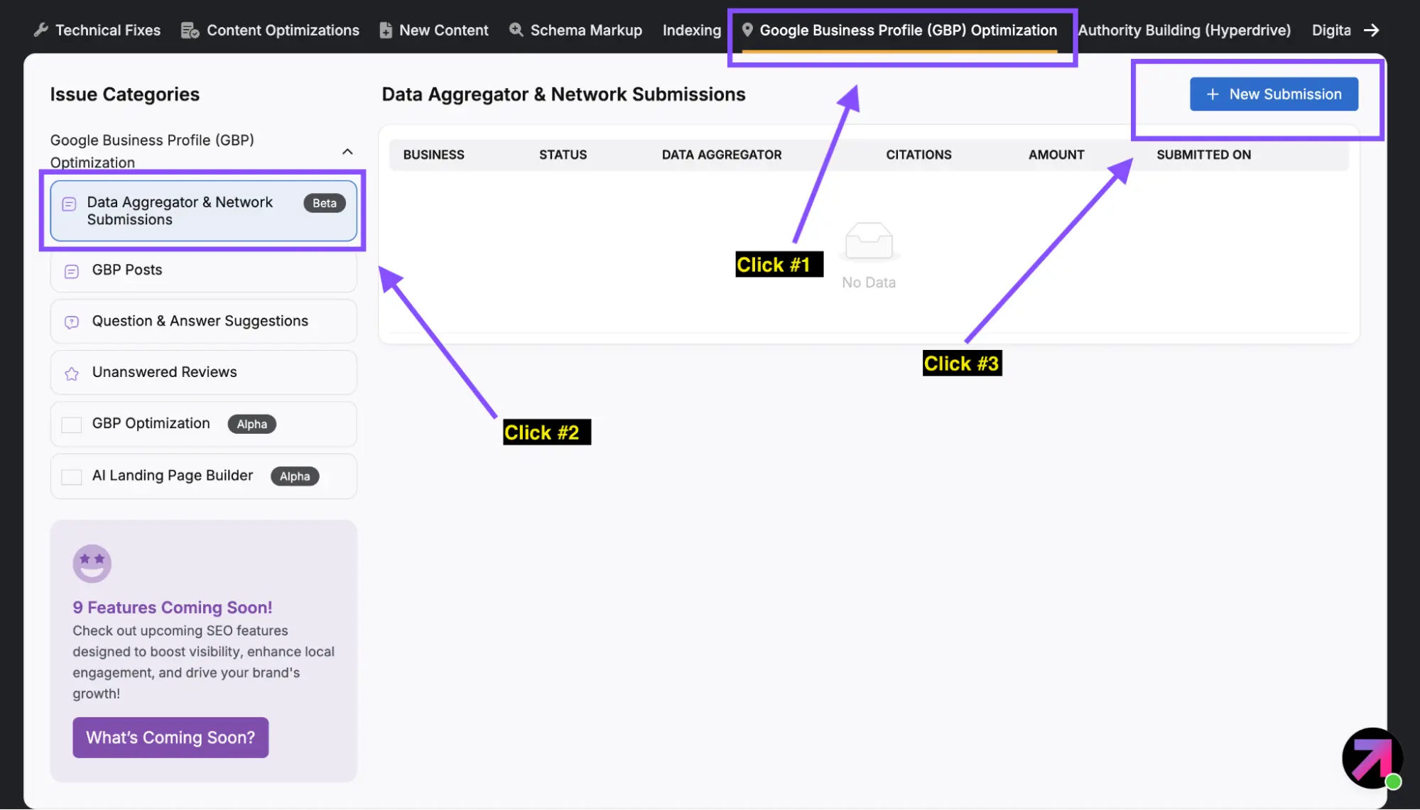 Screenshot of a data aggregator and network submissions interface, highlighting the steps to submit a new Google Business Profile (GBP) optimization with arrows and numbered click instructions using the Local Citation Builder.