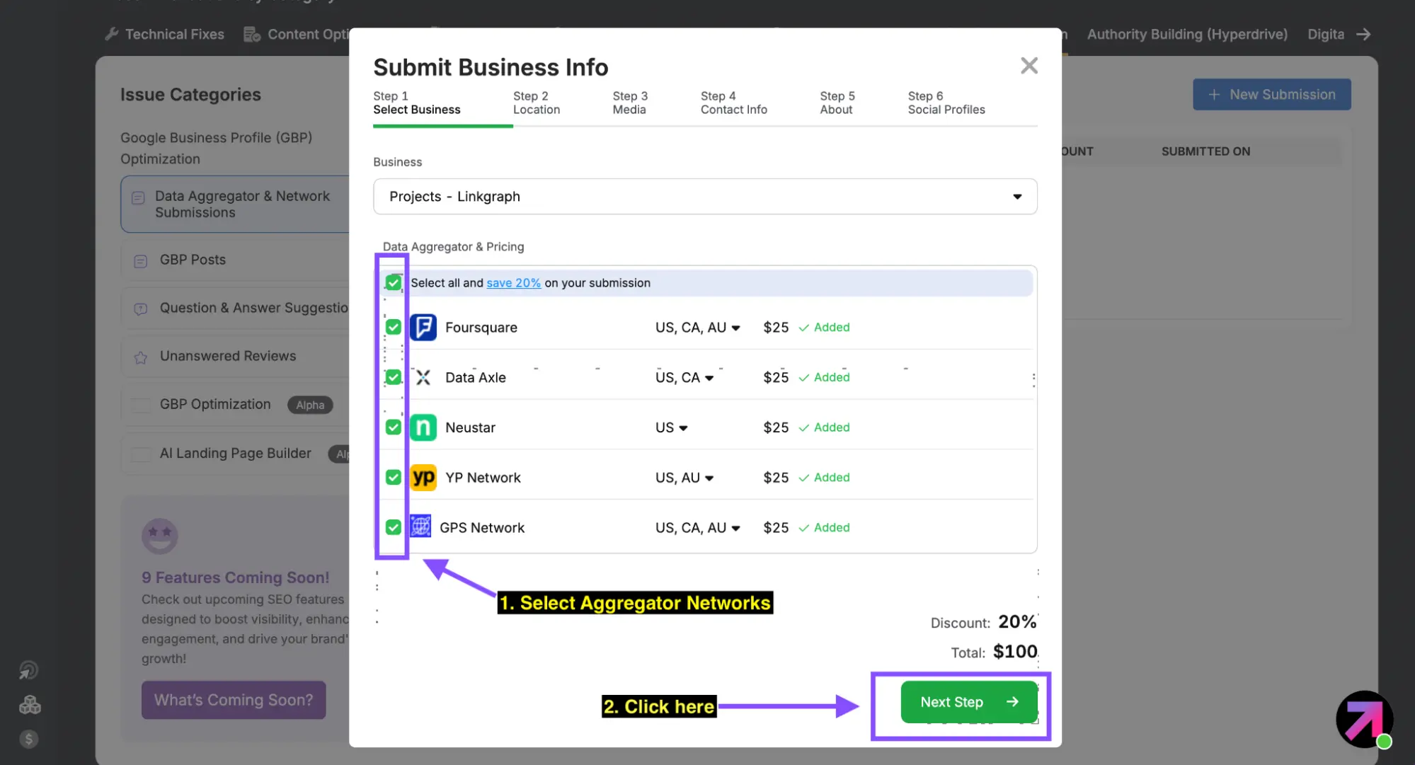 Screenshot of a business information submission form with steps and pricing details. The highlighted actions show to select networks and proceed to the next step by clicking "Next Step." Powered by Local Citation Builder.