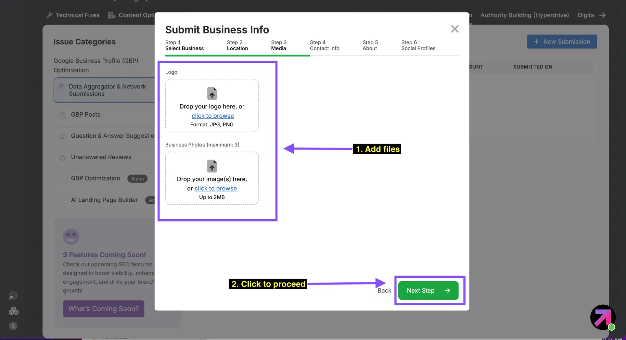 Screenshot of a webpage titled "Submit Business Info." Instructions indicate how to upload a logo and business photos, with arrows pointing to a "Next Step" button. The Local Citation Builder tool streamlines this process, enhancing your online presence in just moments.