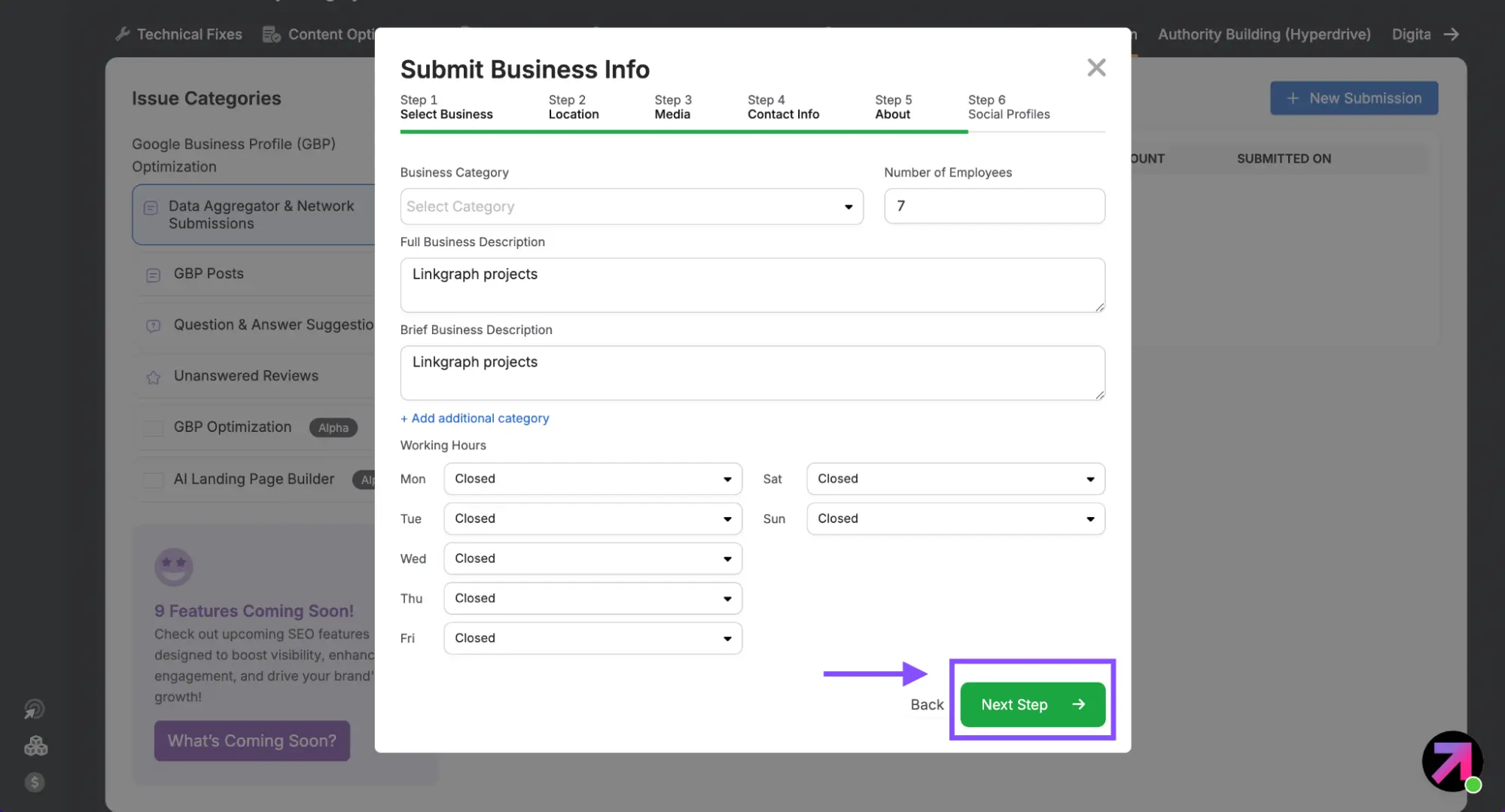 Screenshot of a web form for submitting business information using the Local Citation Builder, showing fields for business category, employees, and operating hours. A green button labeled "Next Step" is highlighted with a purple arrow.