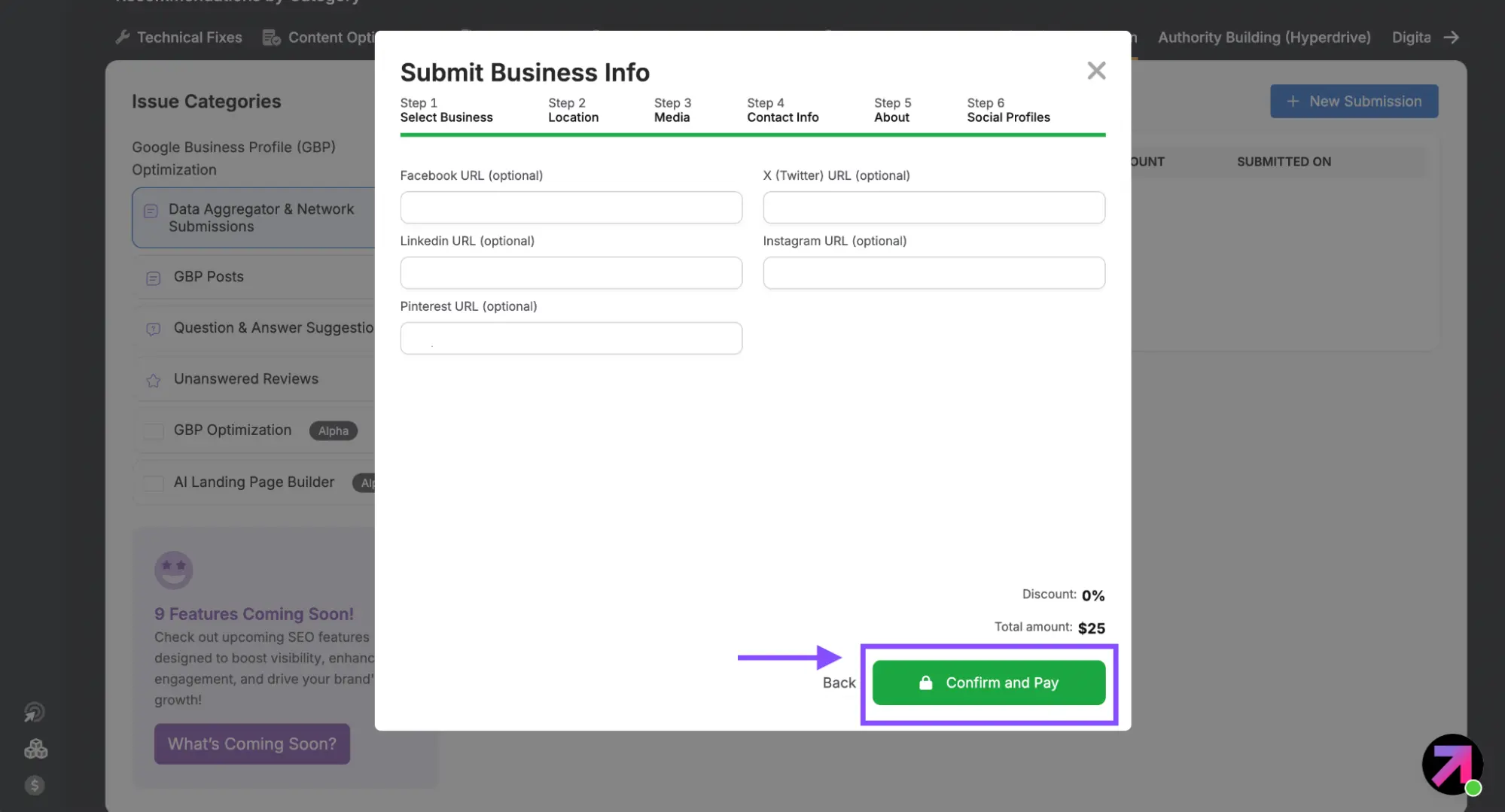 A webpage form titled "Submit Business Info" with fields for social profiles such as Facebook, LinkedIn, Twitter, Instagram, Pinterest URLs. Simplify your Local Citation Builder process here: at the bottom, an arrow points to a "Confirm and Pay" button.