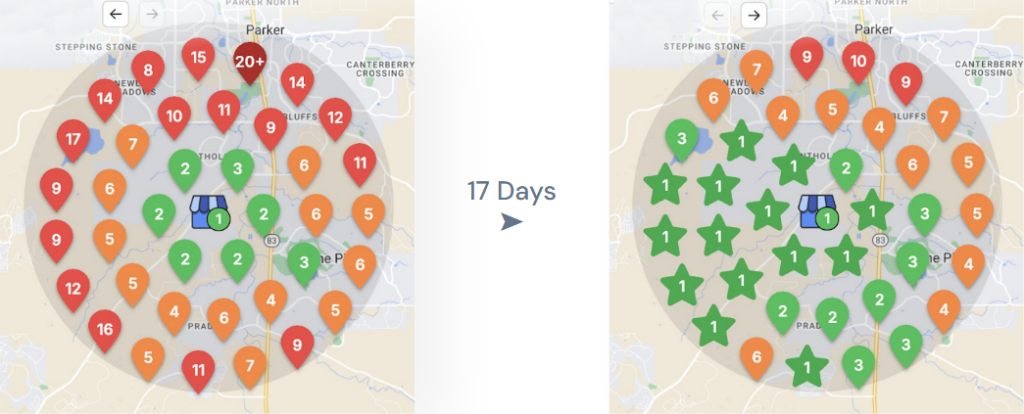 Comparison of a map showing improvement over 17 days, with colored markers indicating progress; left map has mostly red and orange markers, right map shows mostly green stars, thanks to the diligent work of Electrical Contractors.