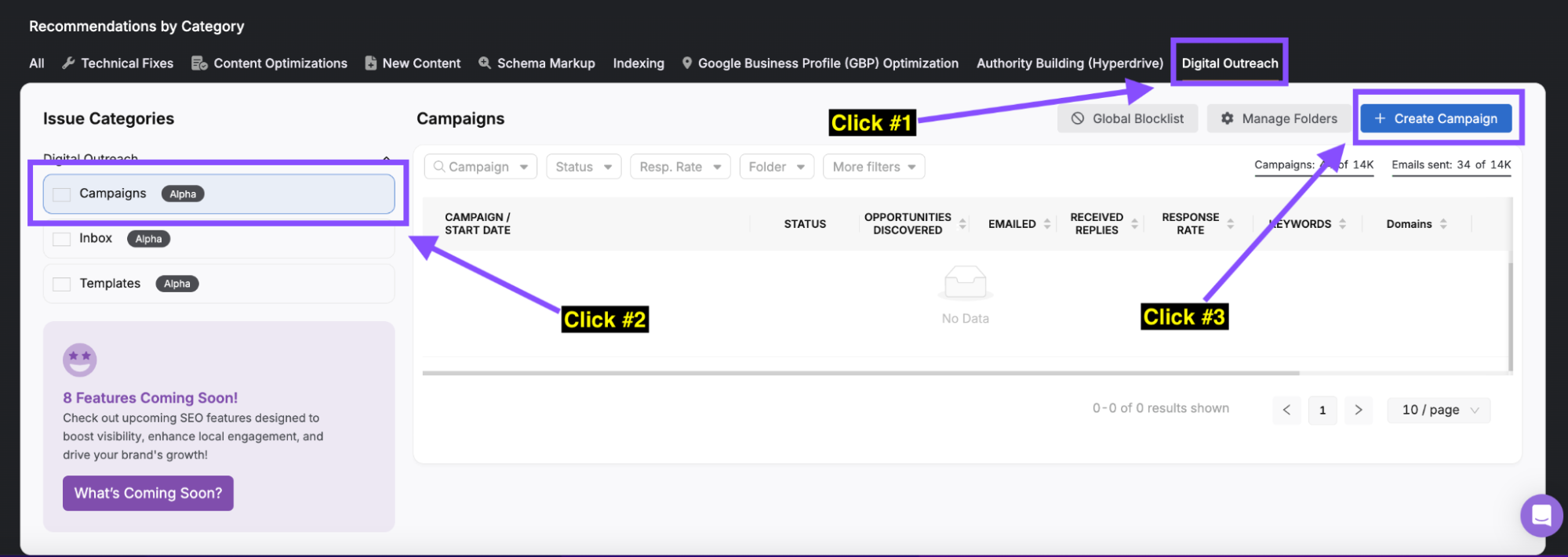 Screenshot of a user interface showing the "Digital Outreach" section. Instructions highlight the steps: click "Campaigns," then "Create Campaign" to start your new digital PR campaign.
