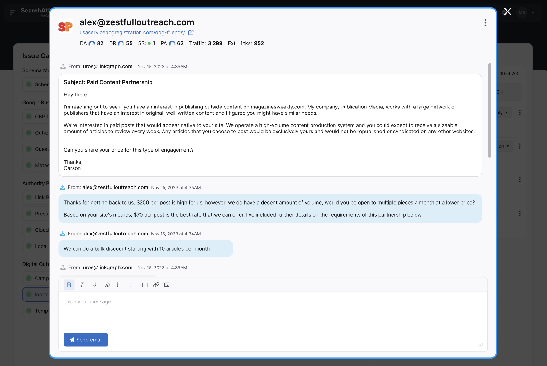 Screenshot of an email conversation discussing a paid content partnership. The client negotiates the cost per blog post, mentions bulk discounts, and outlines their publishing frequencies and requirements related to Link Building.