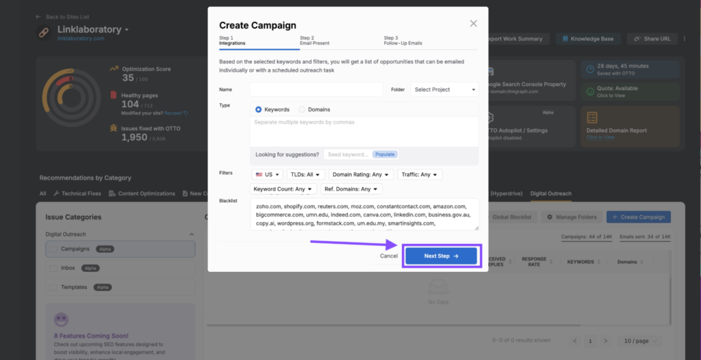 Screenshot of a marketing platform with a pop-up window titled "Create Campaign" showing options and a "Next Step" button highlighted by an arrow. The background showcases various other features, including tools for outreach and digital PR.