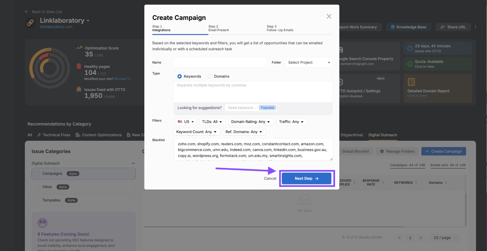 Screenshot of a marketing platform with a pop-up window titled "Create Campaign" showing options and a "Next Step" button highlighted by an arrow. The background showcases various other features, including tools for outreach and digital PR.