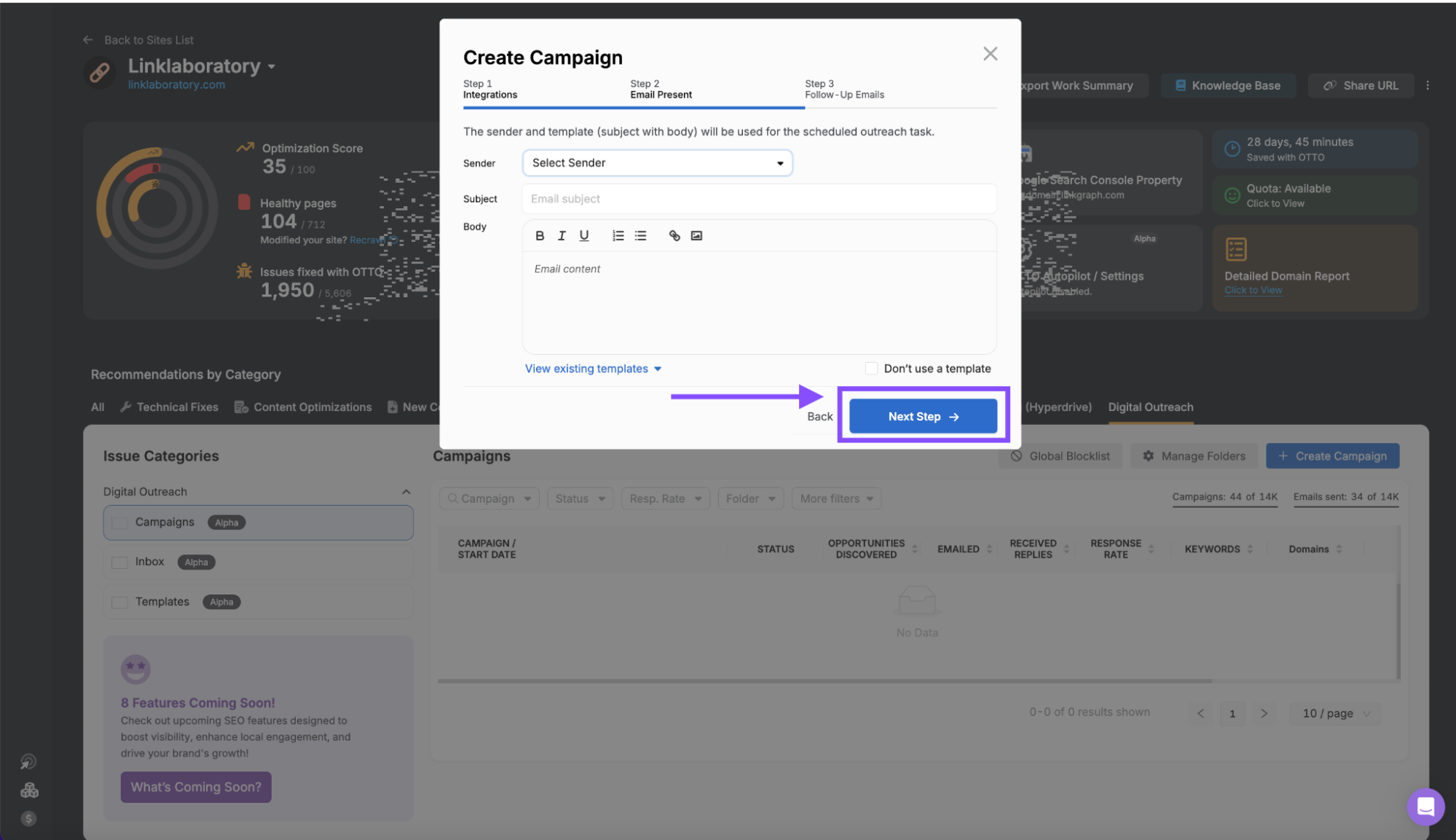 A campaign creation window with sender and recipient details is displayed. A highlighted "Next Step ->" button at the bottom of the window awaits your click, guiding you through the next stages of digital PR.