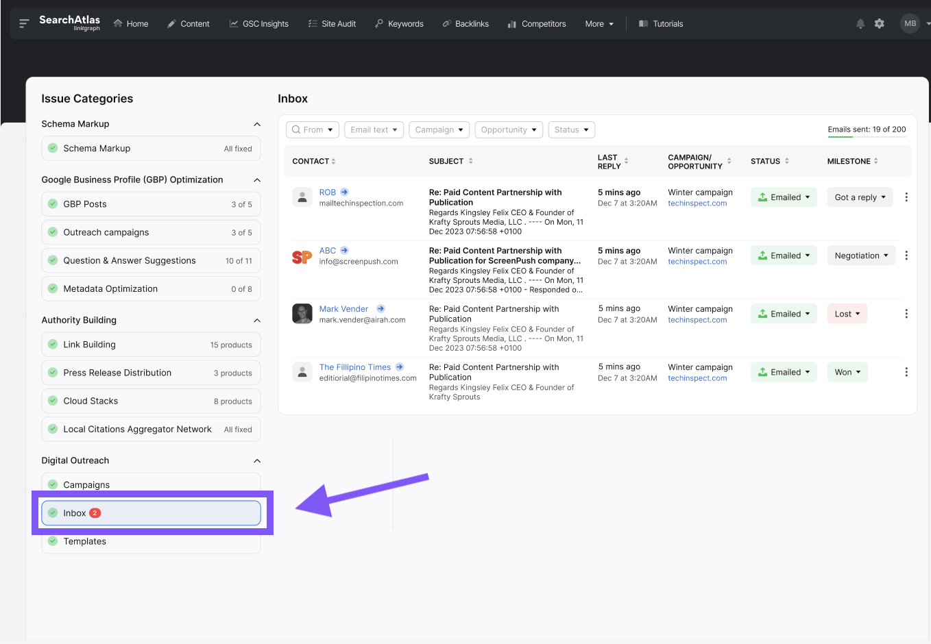 A screenshot of a SearchAtlas dashboard showing issue categories on the left, with "Inbox" highlighted by an arrow. The Inbox displays various link building and digital outreach campaigns and their statuses.