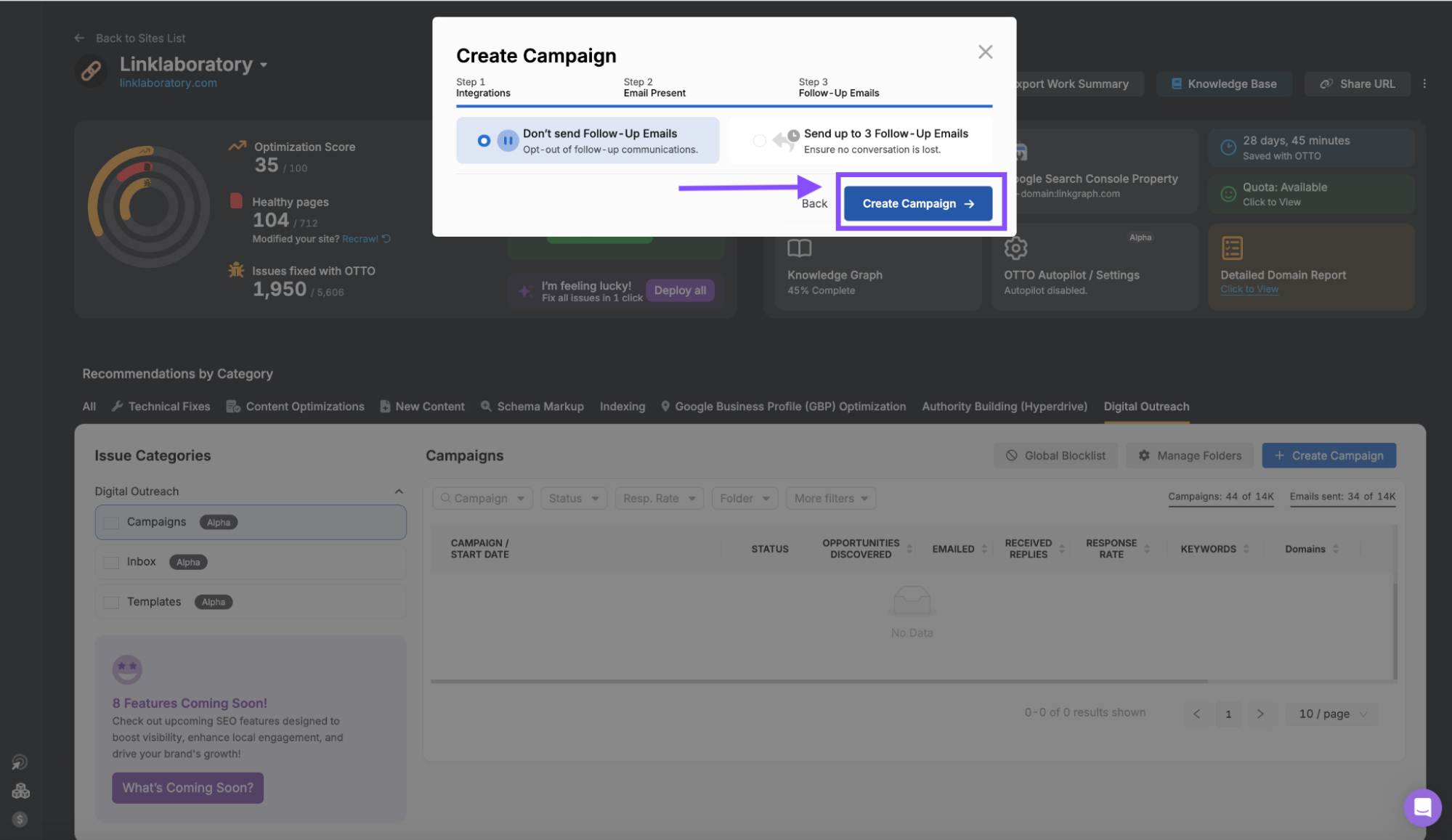A screenshot of a web interface for creating a campaign, highlighting options for sending follow-up emails and a prominently displayed "Create Campaign" button with an arrow pointing to it. This tool is perfect for orchestrating your outreach strategy and enhancing your digital PR efforts.