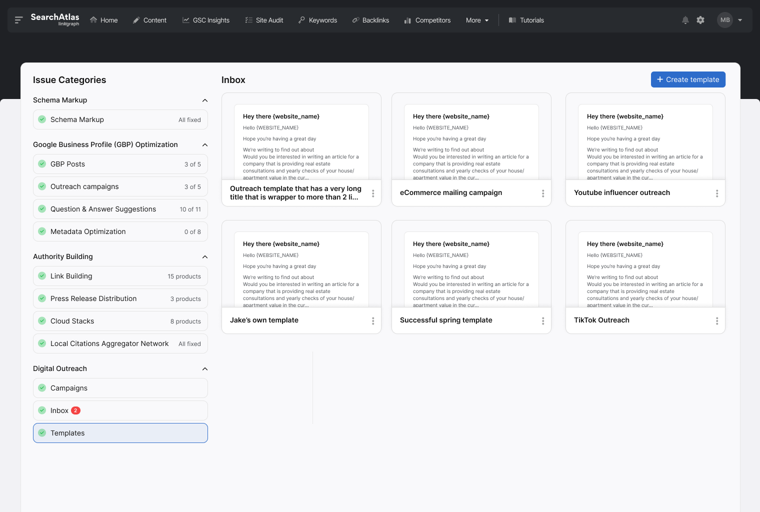 A dashboard interface showcasing various issue categories on the left column and a selection of outreach email templates in the inbox section on the right. The interface includes navigation options at the top, perfect for managing your digital PR efforts.