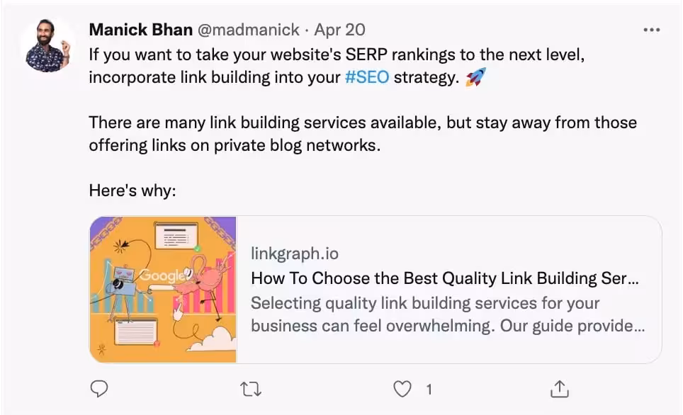 Tweet by Manick Bhan sharing a link to an article about choosing the best quality link building services, emphasizing SEO strategy tips.