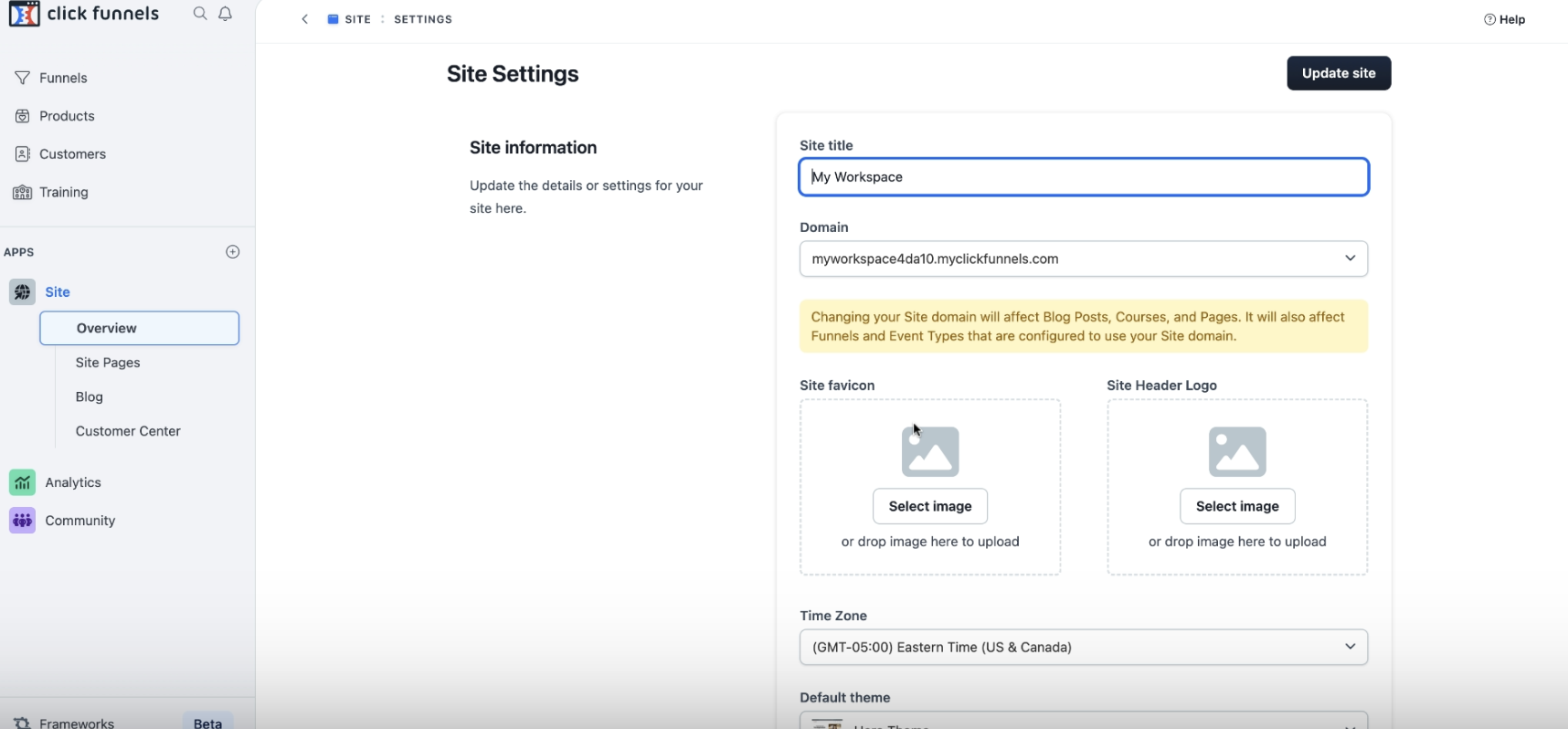 Screenshot of the OTTO Pixel website settings page featuring fields for site title, domain, favicon, and header logo. Includes options with buttons for image selection and updating the site.