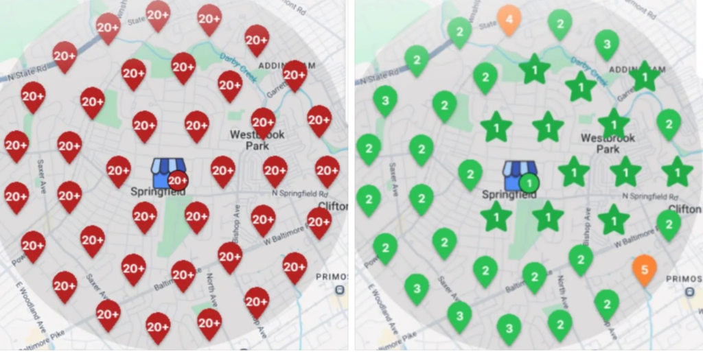 Two maps of Springfield analyze traffic: the left map, reminiscent of Dan Kelly's detailed reports, displays red markers labeled "20+" pinpointing high congestion; the right map offers relief with green markers indicating low congestion levels.
