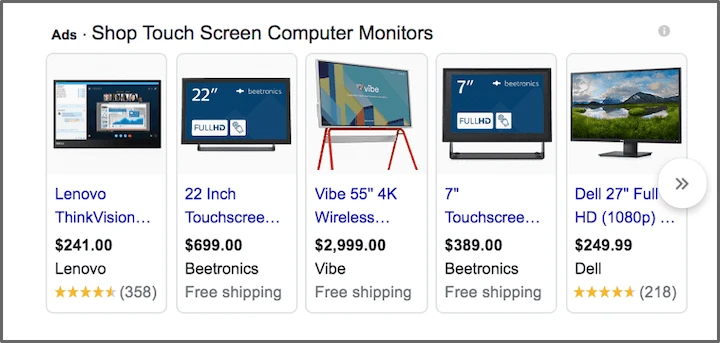 A Google search result showing ads for touch screen computer monitors from various brands, with prices and ratings displayed.