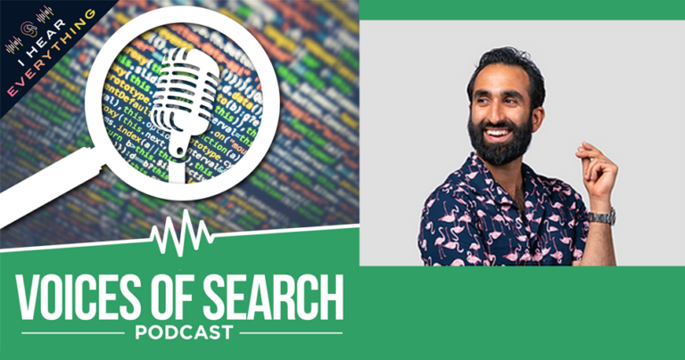 Voices of Search" podcast banner with a microphone icon over code, featuring a person smiling and gesturing about successful SEO strategies.
