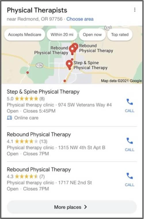 Map and list of physical therapy clinics near Redmond, OR, showing ratings, addresses, and operating hours.