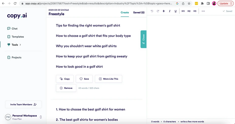 A screenshot of a webpage exhibits a list of article titles on selecting and styling women's golf shirts. The interface, designed to automate SEO tasks, offers options to "Copy" or "Save" text, helping you save time in curating content efficiently.