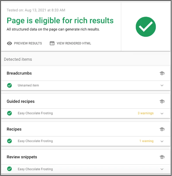 Screenshot of a Google Rich Results Test result showing the page is eligible for rich results, with detected items including breadcrumbs, guided recipes, recipes, and review snippets.