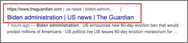 Search result snippet from The Guardian about a 60-day eviction ban by the Biden administration in the US.