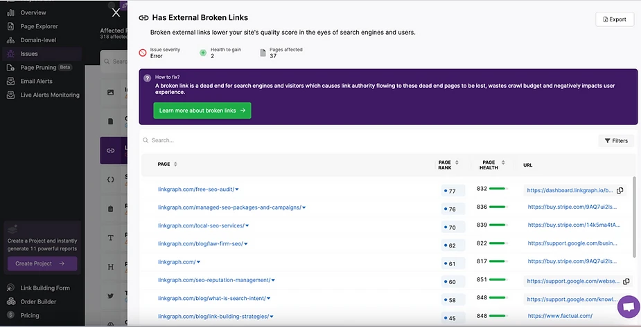 Screenshot of a webpage displaying a list of external broken links, complete with metrics like page rank and health. A sidebar menu is on the left, alongside features to automate SEO tasks. A notification bar at the top keeps you updated, designed to help you save time efficiently.