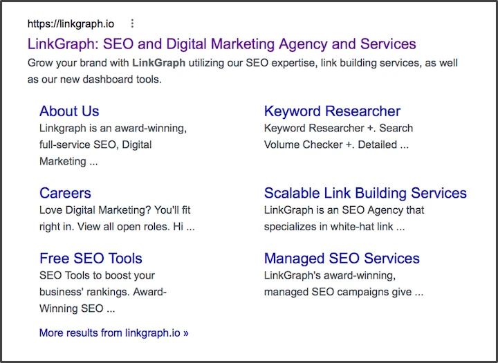 Screenshot of a webpage displaying various SEO and digital marketing services offered by LinkGraph, including About Us, Careers, and Managed SEO Services, with brief descriptions.
