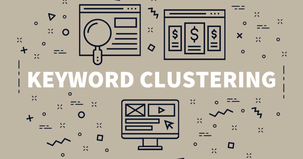 Illustration of keyword clustering concept featuring icons of web pages, search, and analytics on a beige background, showcasing how to level up your SEO content strategy through effective keyword clusters.