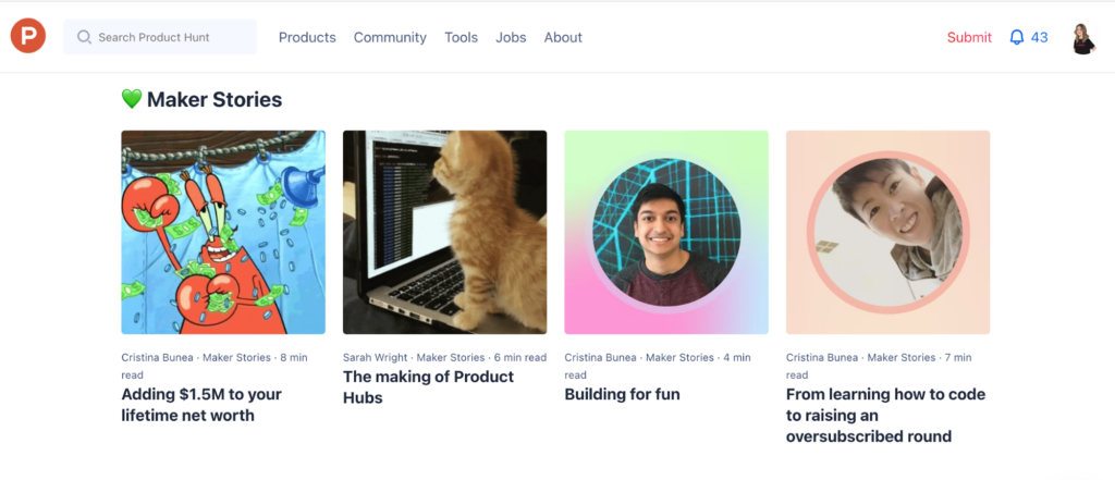Screenshot from ProductHunt.com Maker Stories, August 2022