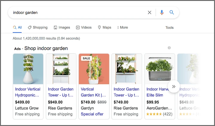 Google search results for "indoor garden," featuring ads with images and prices of different hydroponic garden kits.