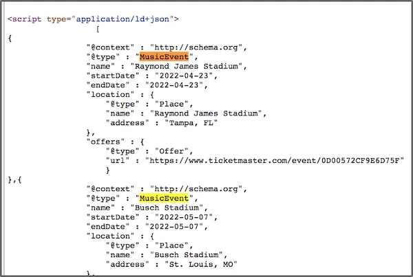 JSON-LD code snippet defining music events at "Raymond James Stadium" in Tampa, FL, and "Busch Stadium" in St. Louis, MO, with event details and ticket offers.