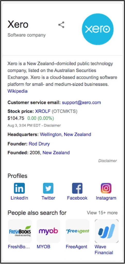 Screenshot of Xero's company profile, detailing its status, headquarters in New Zealand, founding year, and contact info. It also shows related companies and social media links.