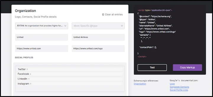 Screenshot of a webpage for configuring organization schema details, shown with fields for airline and social profiles. An example JSON script is displayed on the right side.