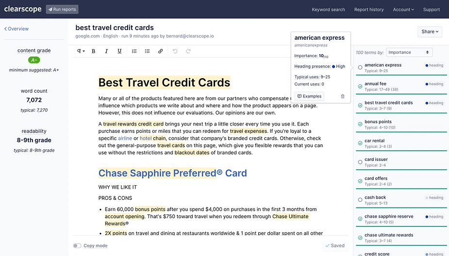 Screenshot of an article about the best travel credit cards, highlighting card benefits like bonus points and rewards. A sidebar reveals content analysis insights to streamline SEO tasks, helping automate processes and save time.