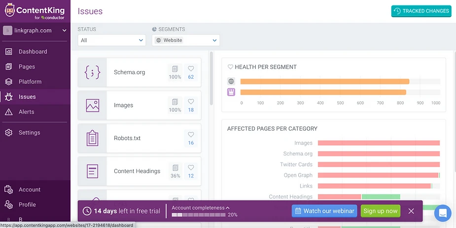 Screenshot of a content management dashboard showcasing SEO tasks, website issues, health per segment graph, and affected pages per category. Includes a banner to automate processes with a free trial and webinar signup, helping you save time and money.