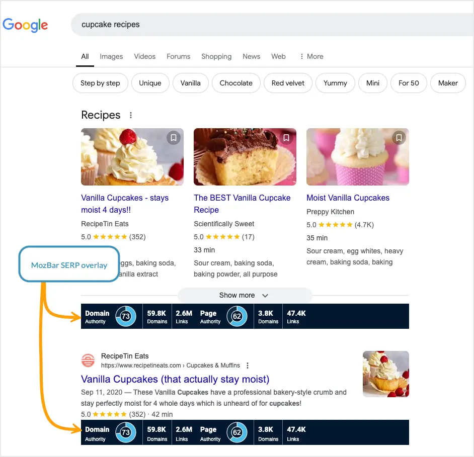 MozBar-SERP-Overlay Product Example