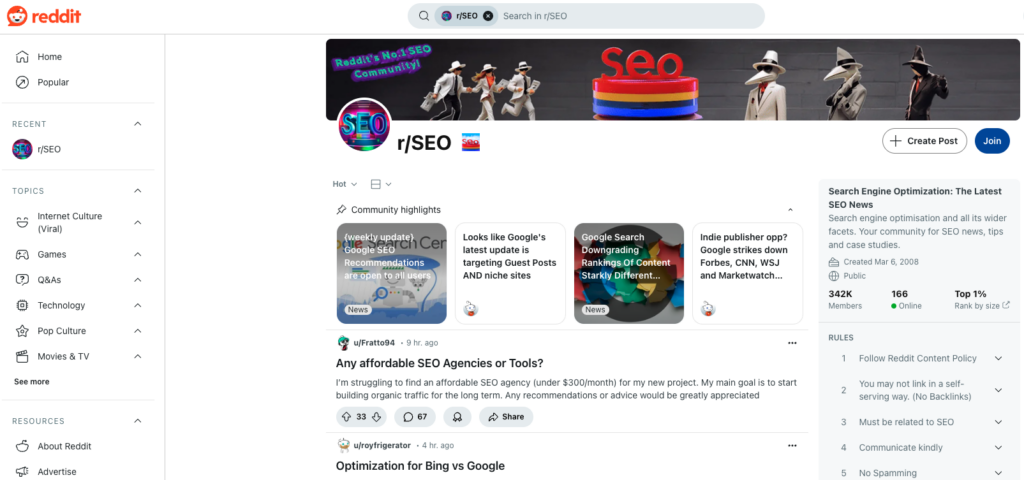 Reddit SEO Community Example