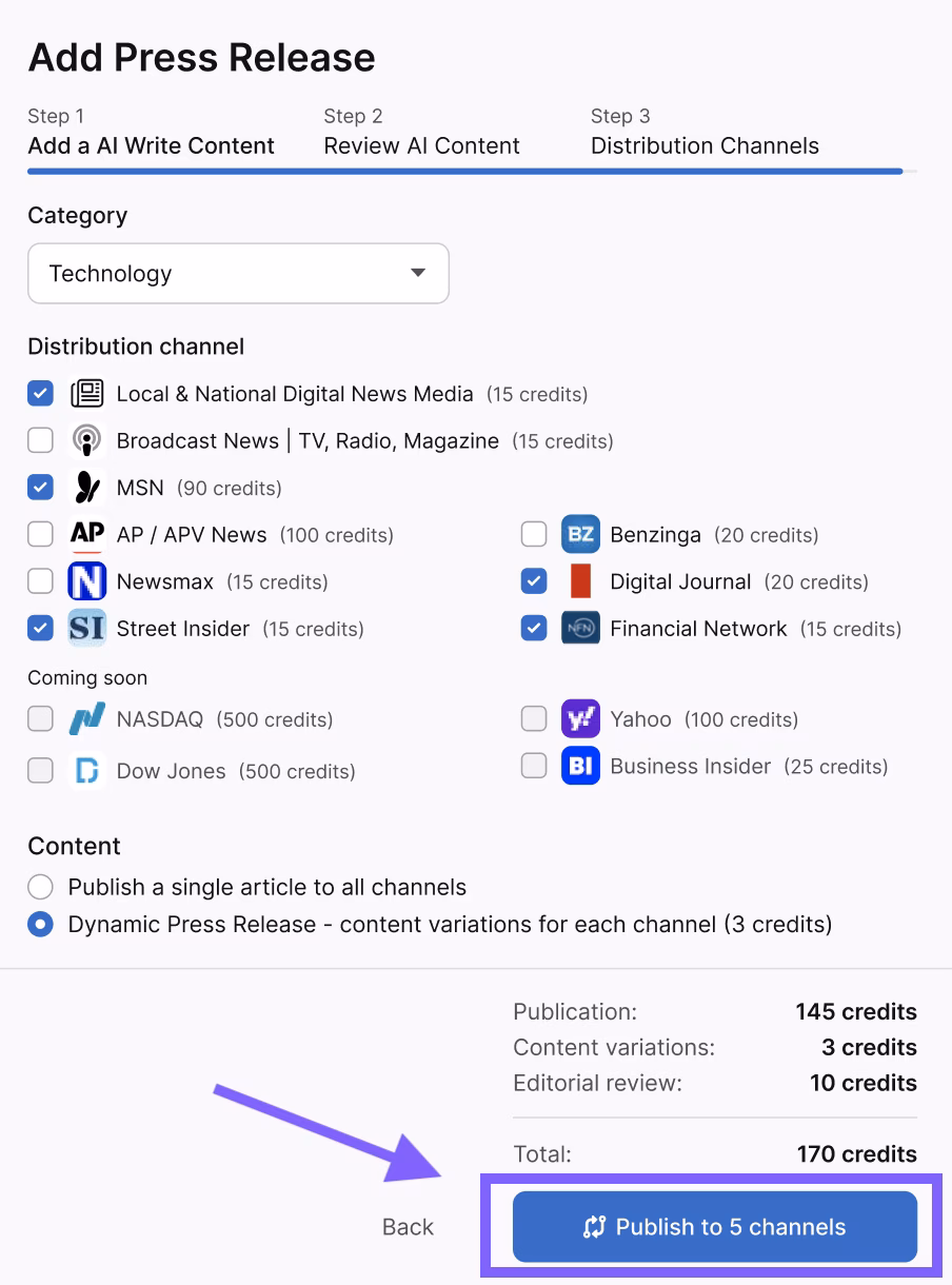 Screen displaying press release distribution options with checkboxes for various channels, optimized by Otto SEO. A purple arrow points to a highlighted "Publish to 5 channels" button at the bottom.