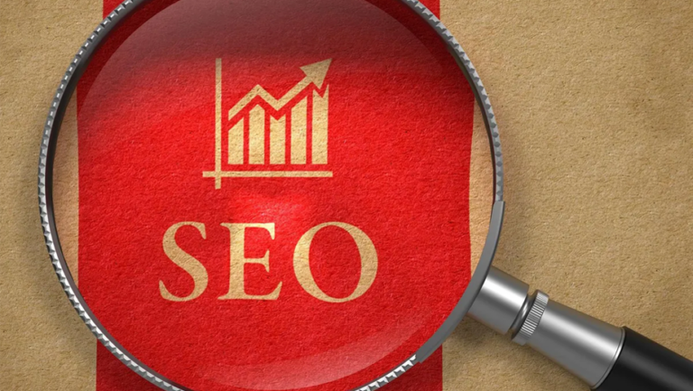 A magnifying glass focuses on the word "SEO" alongside a graph trending upward, appearing as though it was meticulously planned with Auto Draft, all set against a bold red background.