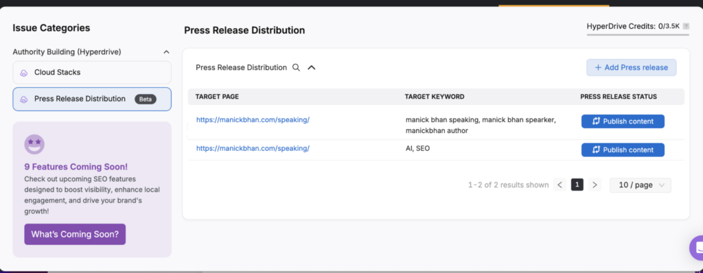 Screenshot of Otto SEO's press release distribution tool showing two press releases with target keywords and a button to publish content. A sidebar advertises upcoming SEO features.