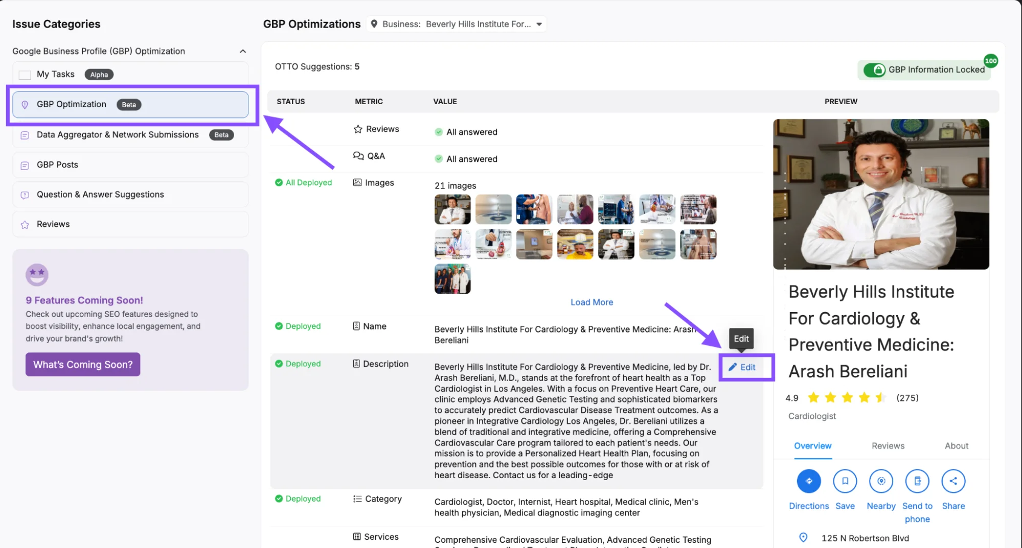 Screenshot of Otto SEO's press release distribution tool showing two press releases with target keywords and a button to publish content. A sidebar advertises upcoming SEO features.