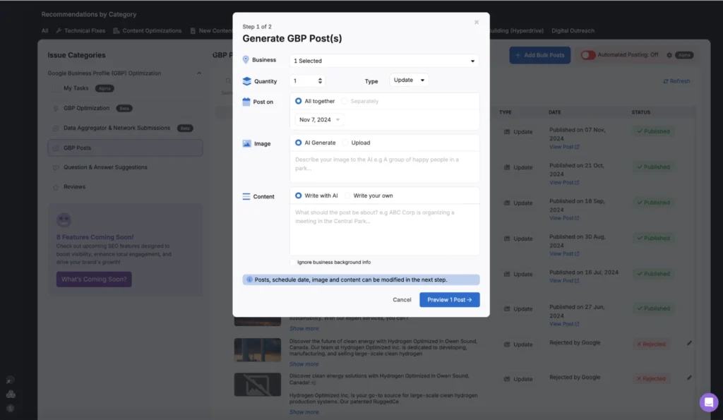 A pop-up window titled "Generate GBP Post(s)" functions as a content generator with options for quantity, post date, image, and SEO-optimized content. The background displays a list of entries, designed to fit perfectly into your topical map strategy.