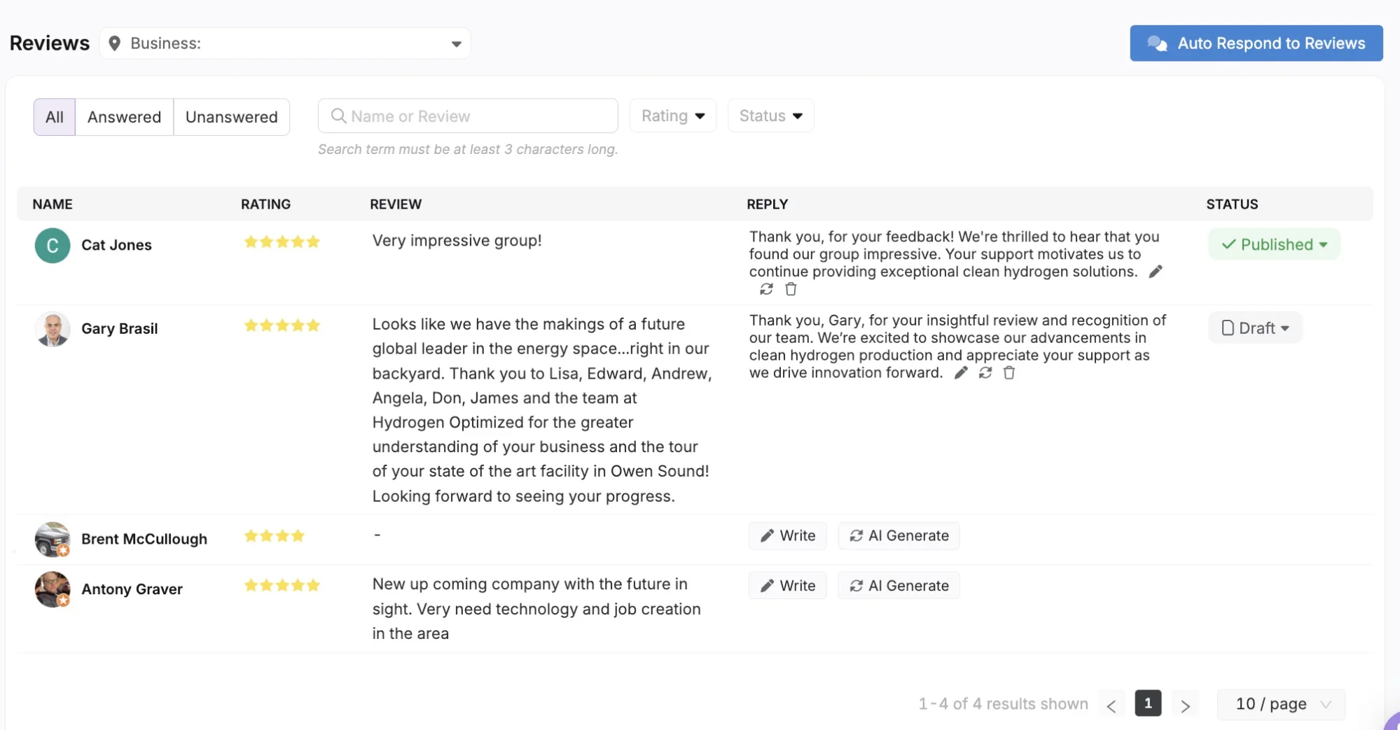 A screenshot of a webpage displaying a Google Business Profile with a list of reviews and replies. Each review includes text and names, and options for writing and AI generation are visible next to each reply, showcasing streamlined business profile management.