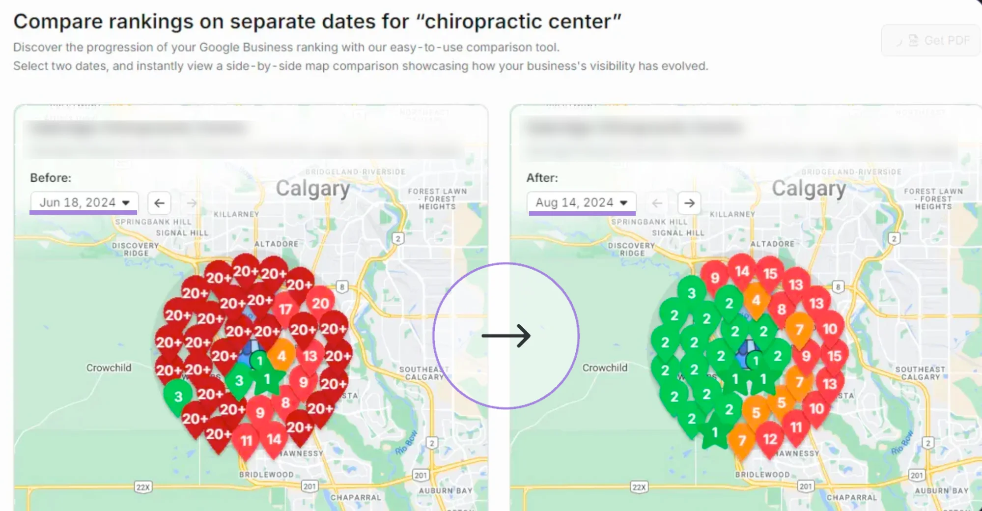 The map uses sophisticated software to compare Google Business rankings for "chiropractic center" in Calgary, revealing a shift from mostly red (lower rankings) on June 18, 2024, to green (higher rankings) by August 14, 2024.