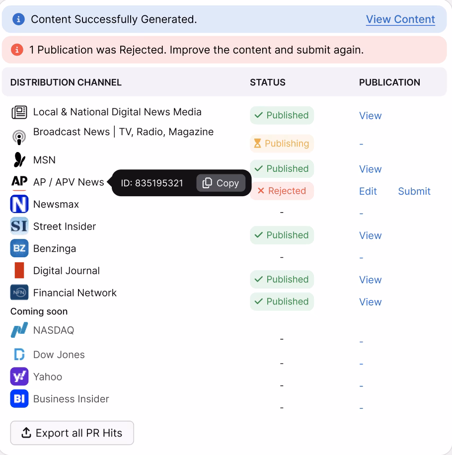 Screenshot of the Otto SEO content distribution dashboard showing publication statuses. Most channels are published, one is rejected, and some are in progress or coming soon. Links for viewing and editing are visible.