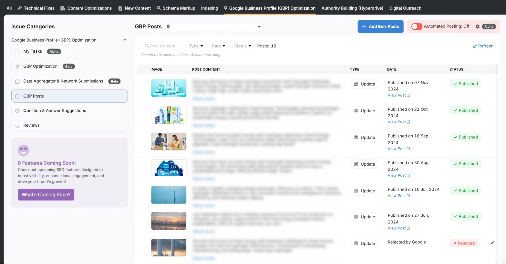 A dashboard displays Google Business Profile posts with images, content, type, date, and status. The sidebar features issue categories and a "What's Coming Soon!" section. Enhance your strategy with integrated SEO keywords for improved visibility and performance.