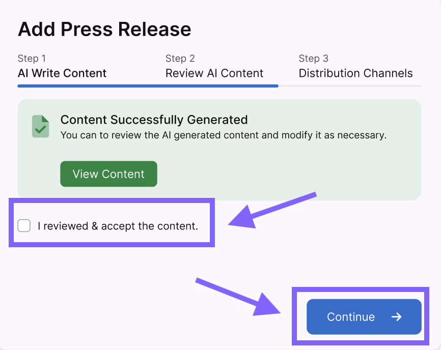 Screenshot of a webpage showcasing a press release flow by Otto SEO. It indicates that AI content has been successfully generated, with options to view, accept the content, and continue.