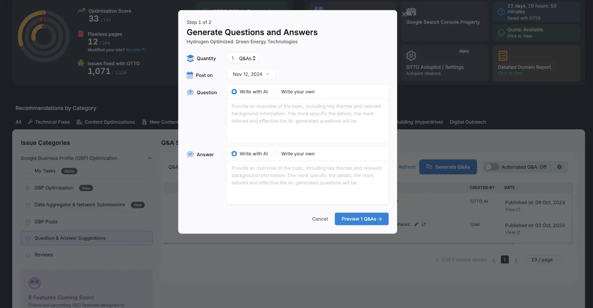 Generate Questions and Answers" is a software interface featuring fields for country selection, question entry, and answer input. Integrated with Google Business tools, it includes a preview option at the bottom to enhance your profile management experience.