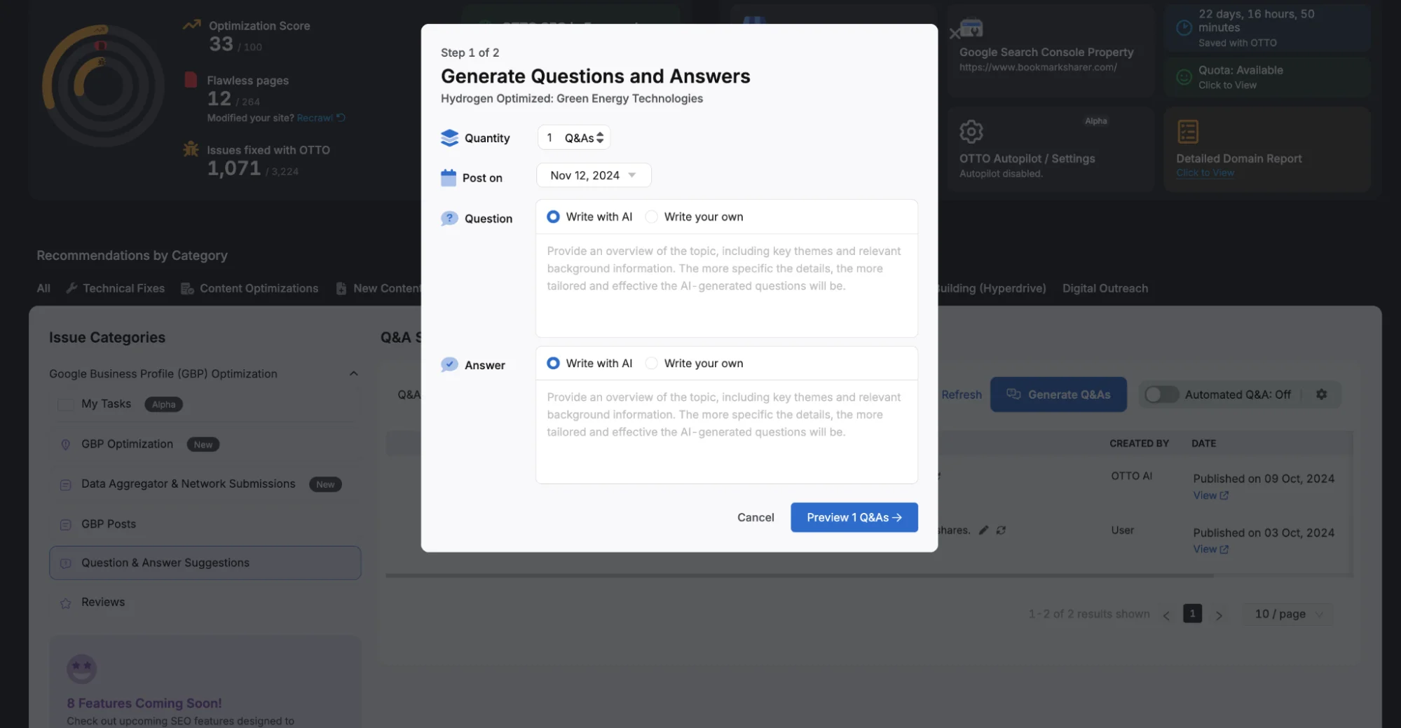 The webpage, powered by Otto SEO, features a dashboard showcasing issue categories related to SEO and metadata. It systematically lists page titles, statuses, and offers tailored suggestions for deployed pages to enhance optimization.