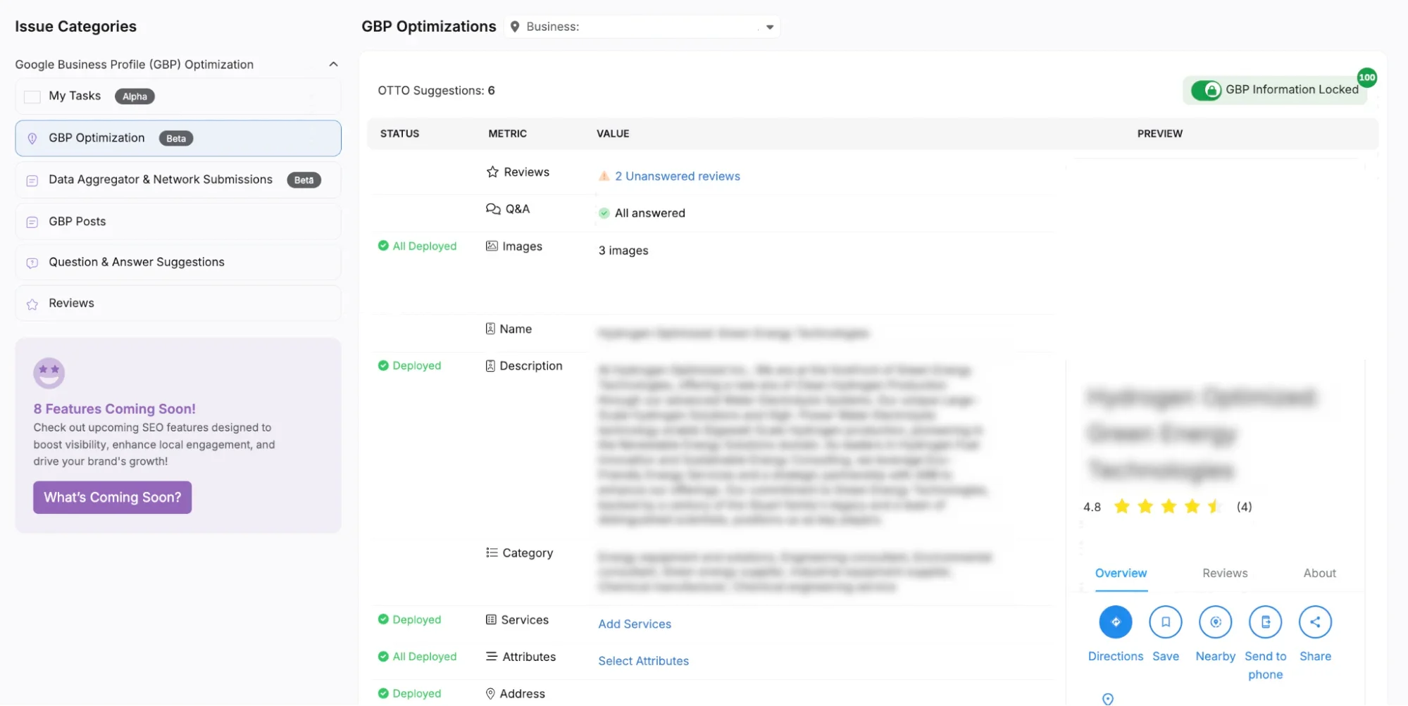 Screenshot of a digital dashboard displaying a list of optimization tasks with status indicators, metrics, and values. The interface includes sidebar navigation, a top menu bar, and integrates seamlessly with Google Business Profile for enhanced efficiency.