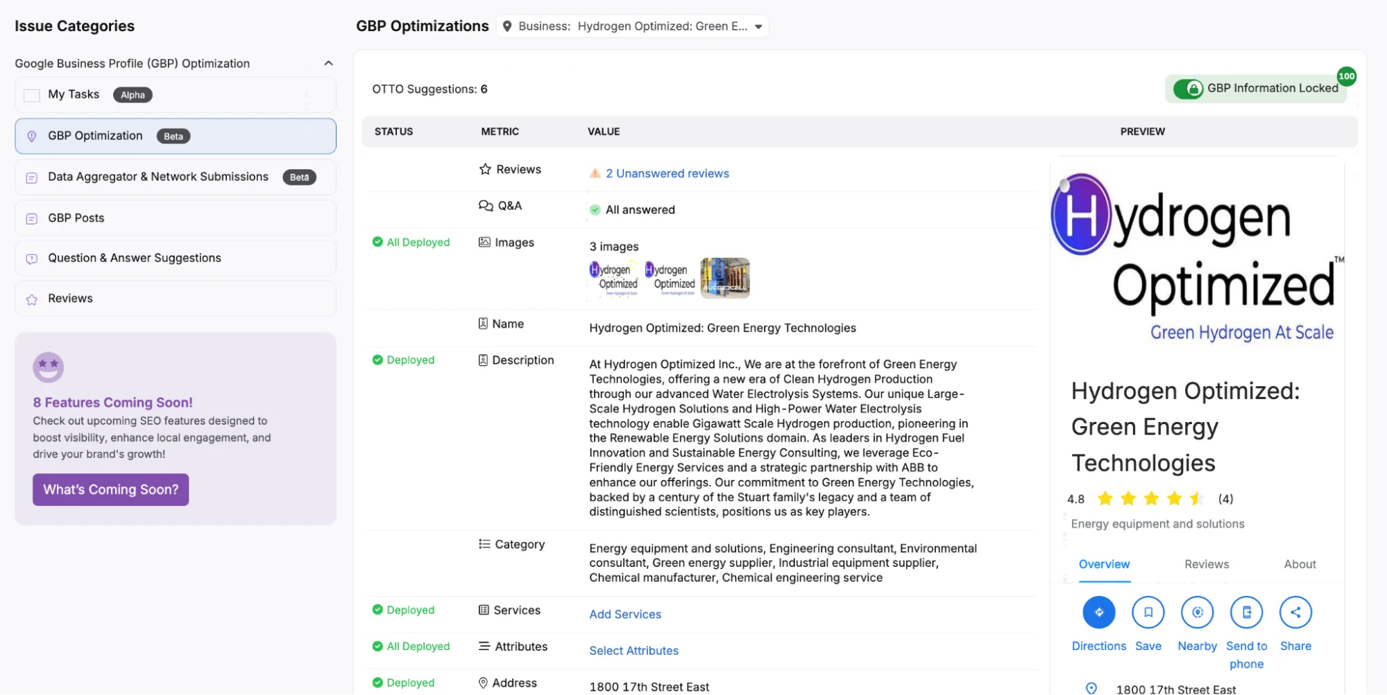 Screenshot of a web interface showing an AI Landing Page Builder section by Otto SEO, with categories and a table listing topics and their statuses. There is a highlighted button labeled "Generate a page" in the upper right corner.